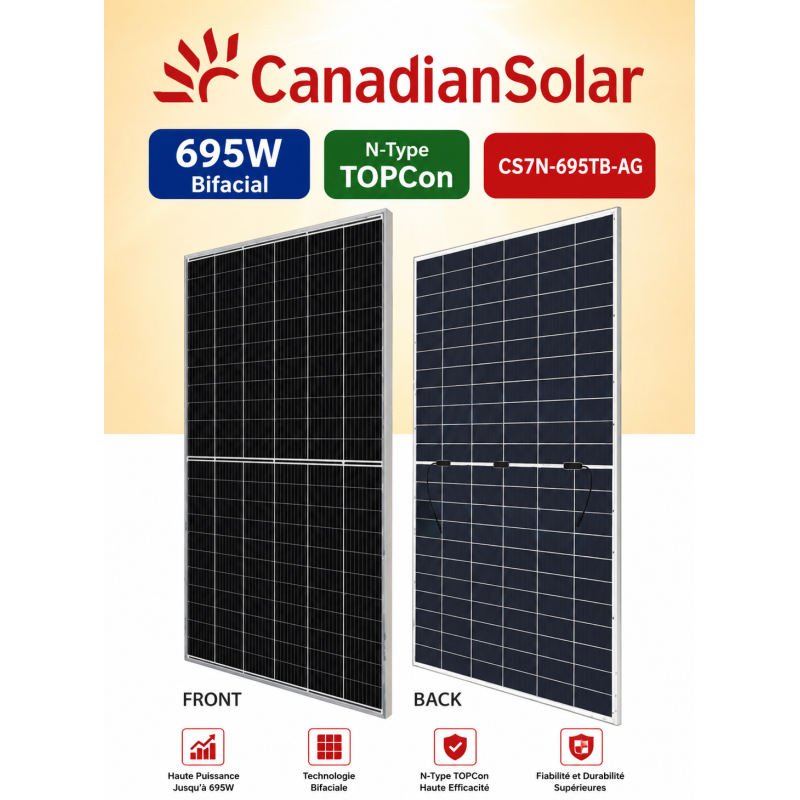 Panneau Solaire CanadianSolar 695W Bifacial N-Type TOPCon au Maroc | Prix & Devis