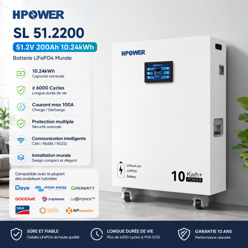 Batterie Lithium HPOWER 51.2V 10.24kWh Murale au Maroc | Prix & Devis