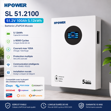Batterie Lithium HPOWER 51.2V 5.12kWh Murale au Maroc | Prix & Devis