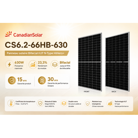 Panneau solaire Canadian Solar 630W Bifacial HJT N-Type au Maroc | Prix & Devis