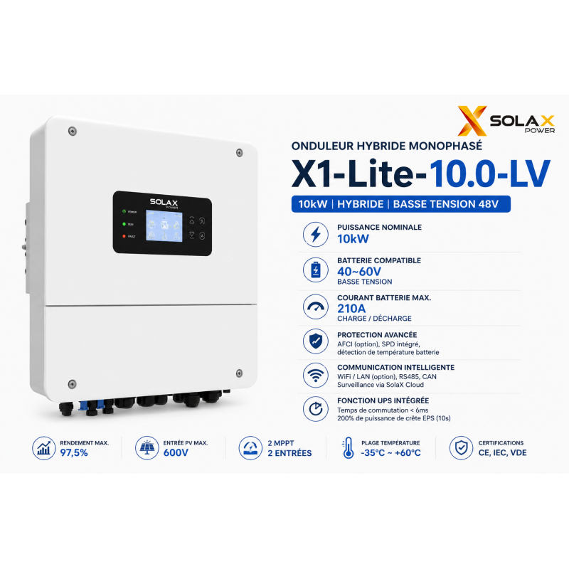 Onduleur solaire SOLAX X1-Lite 10kW Monophasé LV au Maroc | Prix & Devis