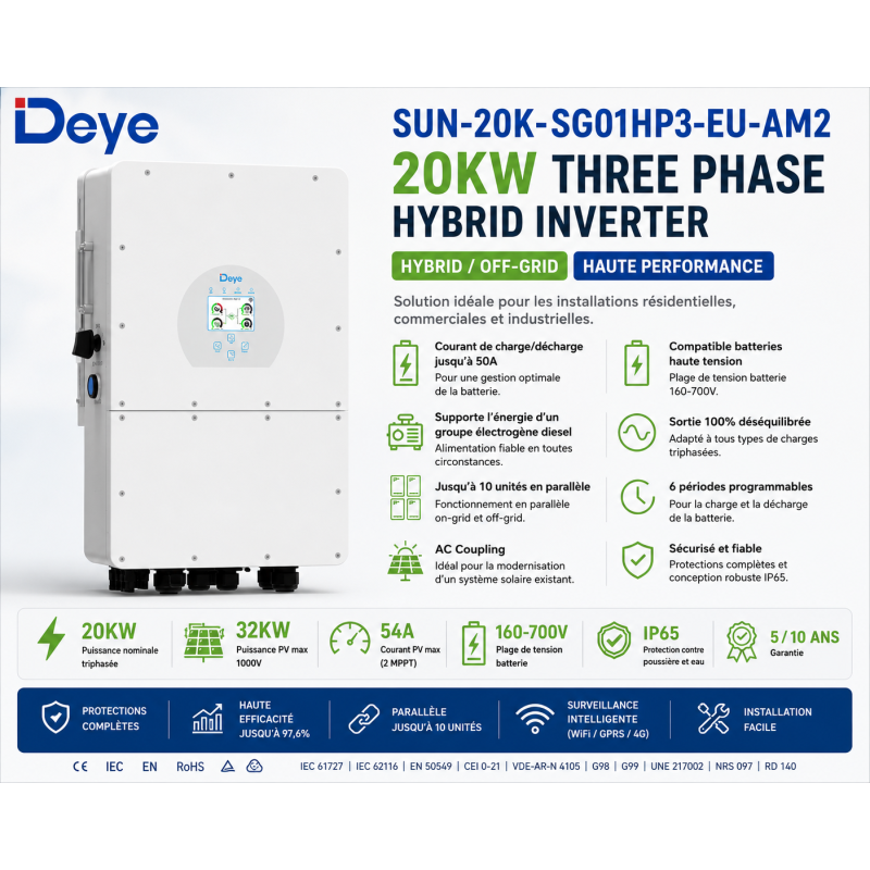 Onduleur Hybride Deye 20kW Triphasé haute tension SUN-20K-SG01HP3-EU-AM2 au Maroc | Prix & Livraison