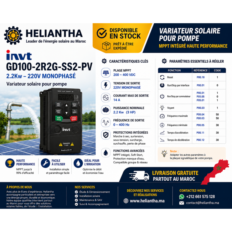Variateur Solaire INVT 2.2kW 220V Monophasé | Maroc