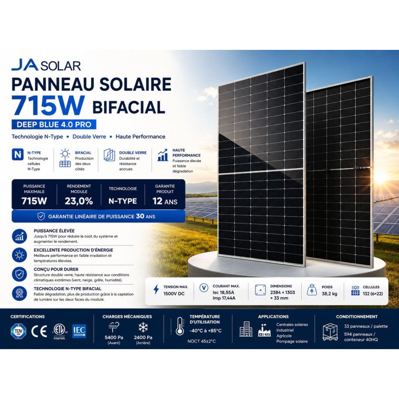 Panneau Solaire JA Solar 715W Bifacial N-Type Double Verre DeepBlue 4.0 Pro – Maroc